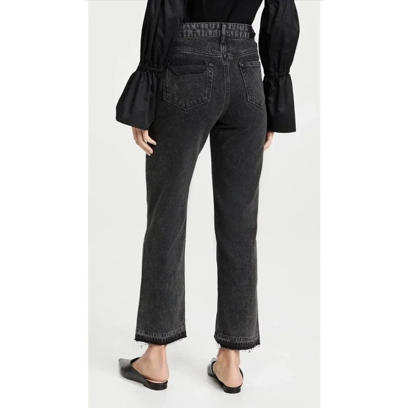 NWT $229 Paige Sarah Straight Ankle Black Denim Jean - Distressed Frayed Hem - Picture 2 of 10